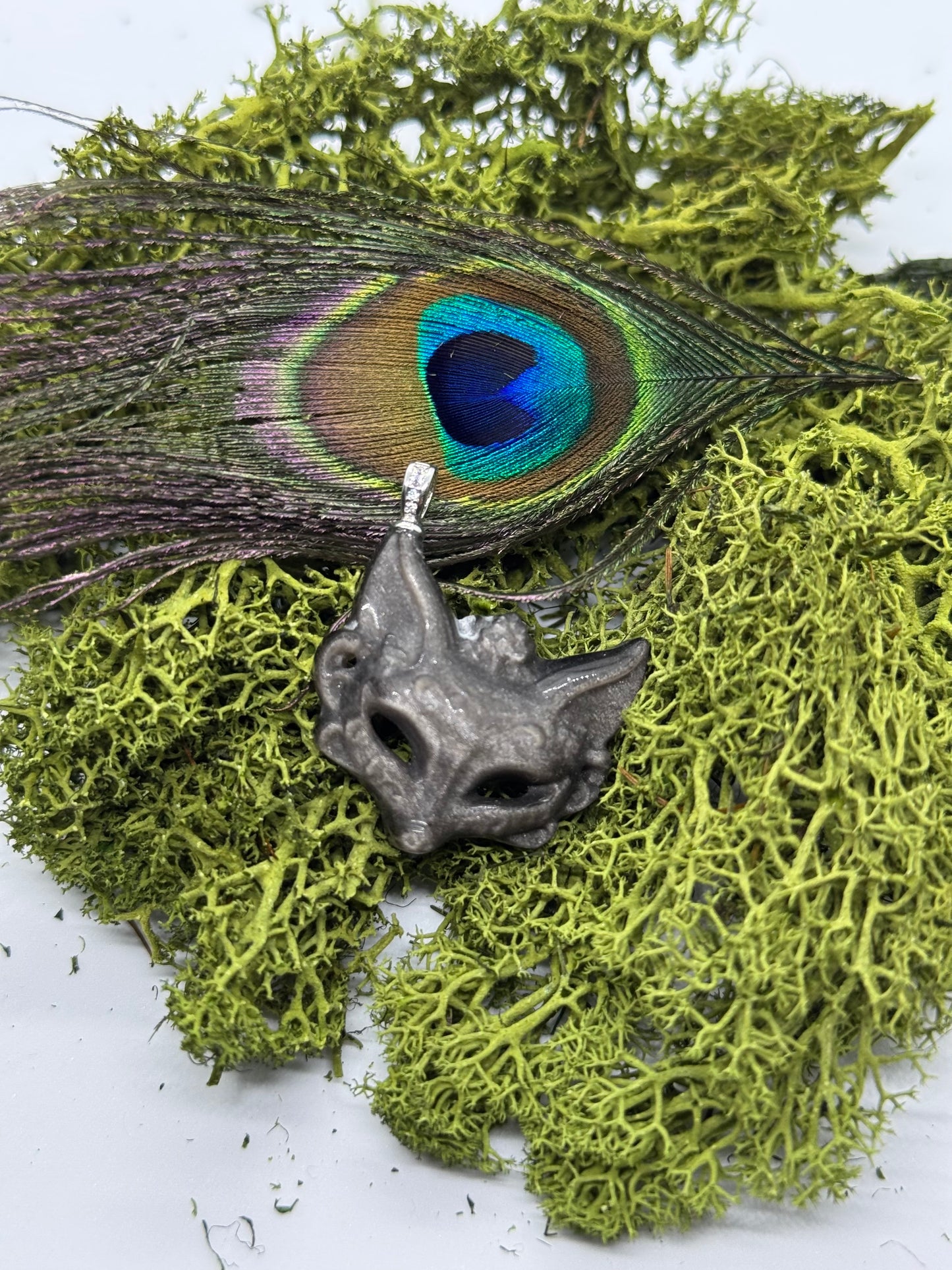 Silbershine Obsidian Anhänger als Fuchsmaske
